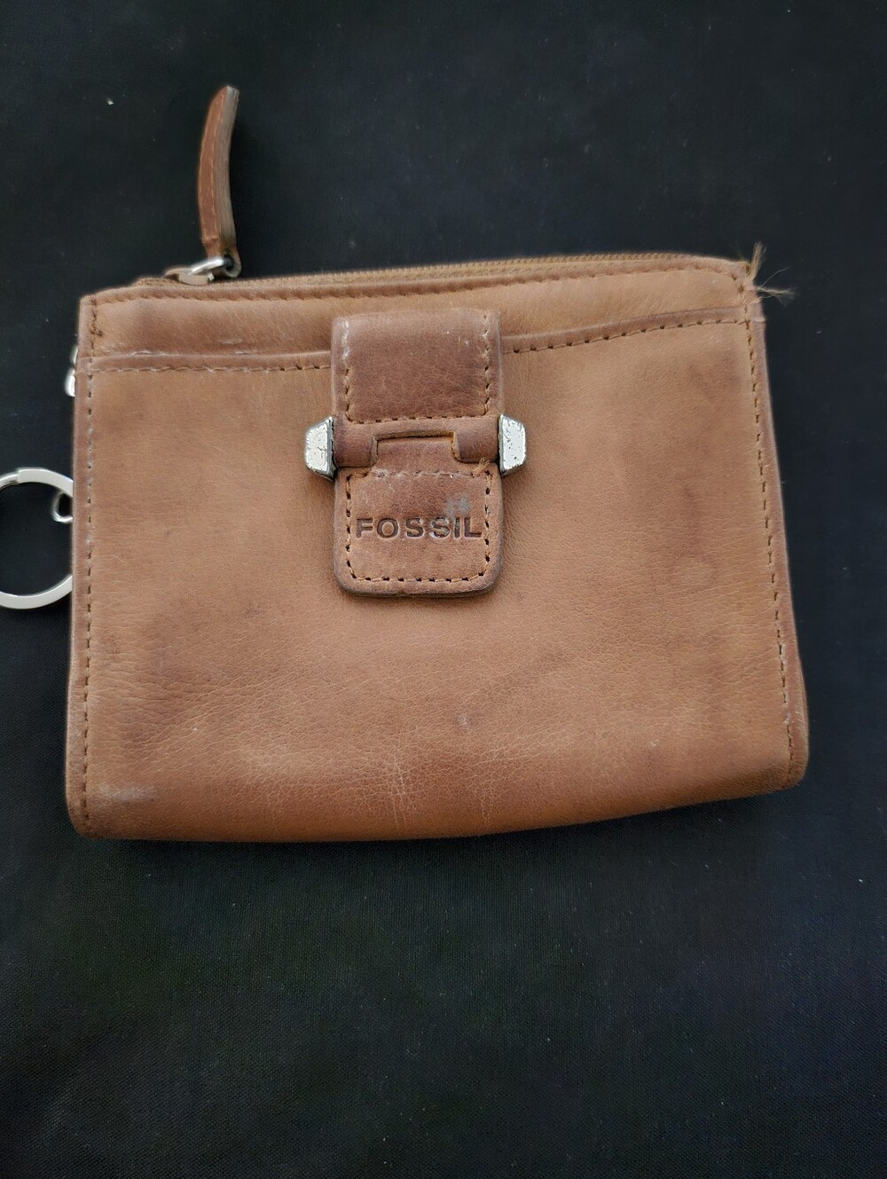 Fossil Brown Leather Zip Card Case with Keyring